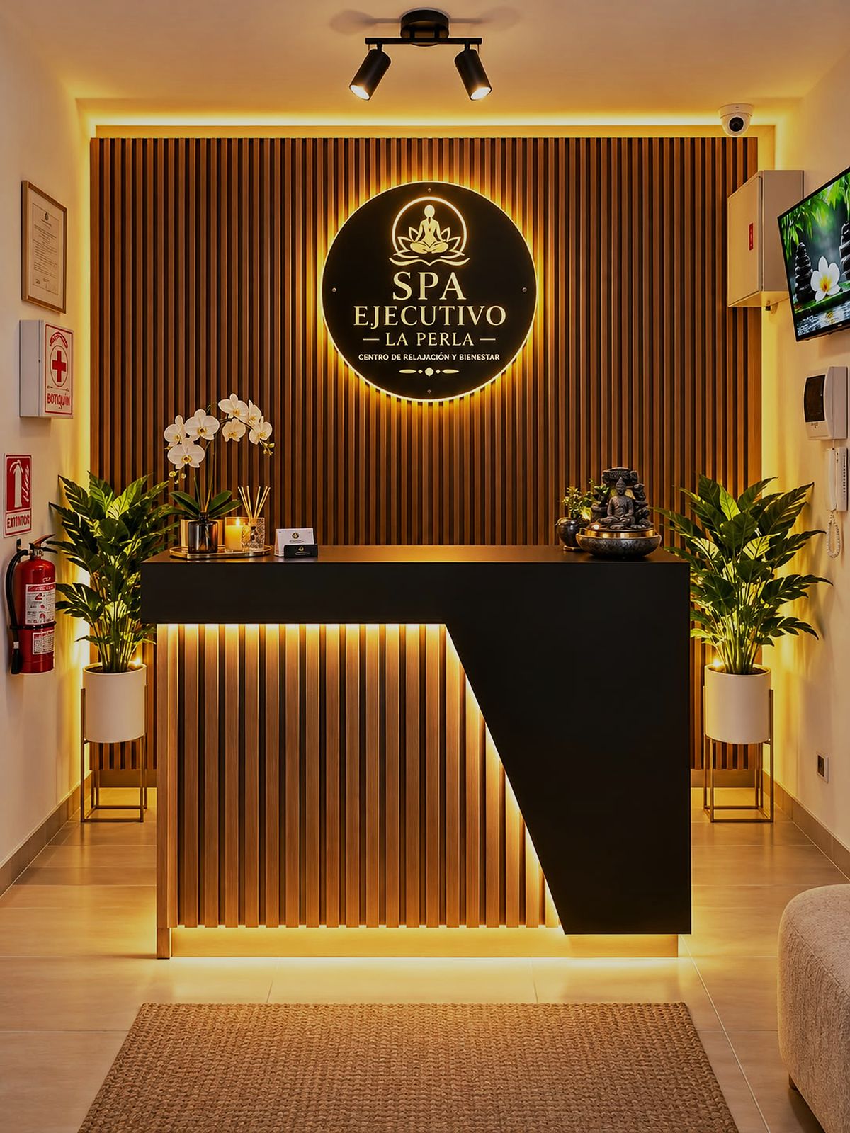 Recepción del SPA Ejecutivo La Perla con el logo iluminado